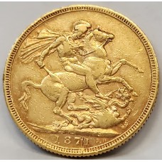 AUSTRALIA 1871 . ONE 1  SOVEREIGN . SYDNEY . GOLD . LARGE B.P.